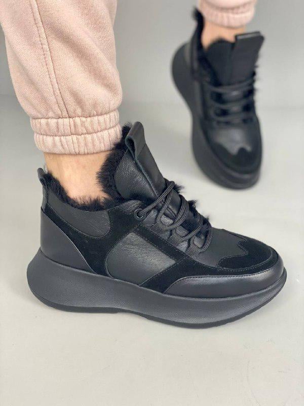 Кроссовки женские кожаные с вставками замши зимние р. 37 Черный (8546з/37)