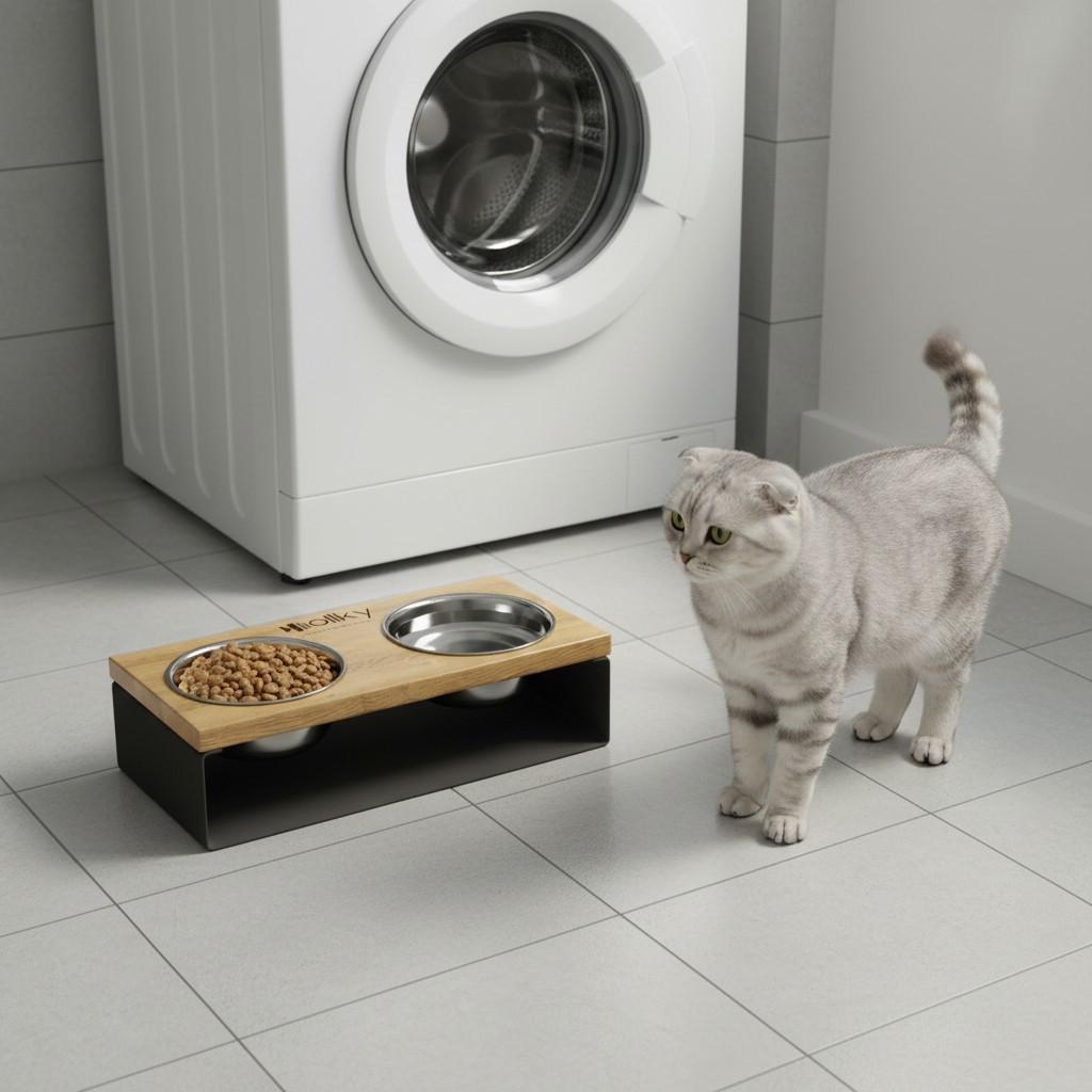 Миски на подставке из цельного металлического листа для собак и котов Hollky SteelWood S 2х0,45 л (SWS-36188-GRNT) - фото 1