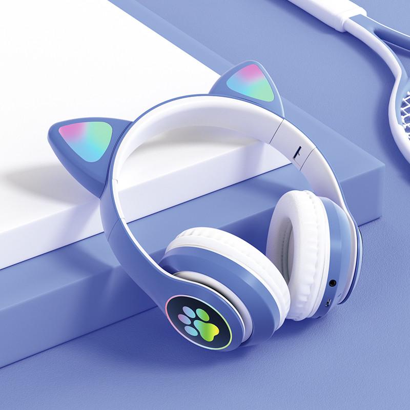 Безпроводные наушники Wireless Headset Cat STN-28 Кошачьи ушки с Led подсвекой Синий - фото 2