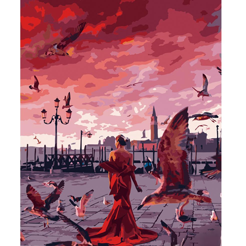 Картина по номерам Strateg Премиум Девушка среди чаек 40x50 см (HH017)