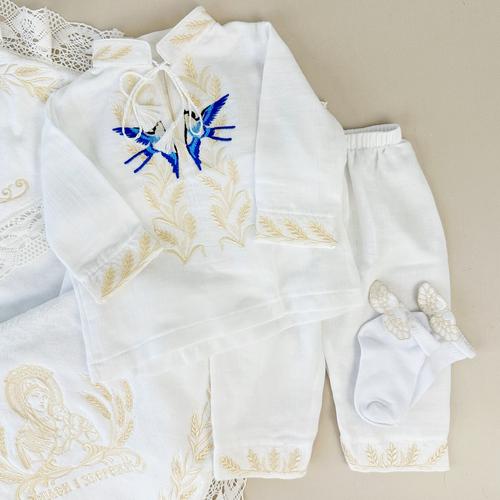 Крестильный набор для мальчика Family Tradition Родной дом махра муслин с вышивкой Белый (50151)