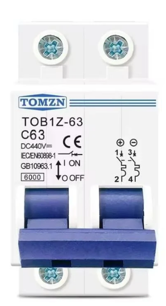 Выключатель постоянного тока TOMZN автоматический DC MCB TOB1Z-63 2P Icu 6kA на DIN рейку 63А двухполюсный до 440V (100802499)