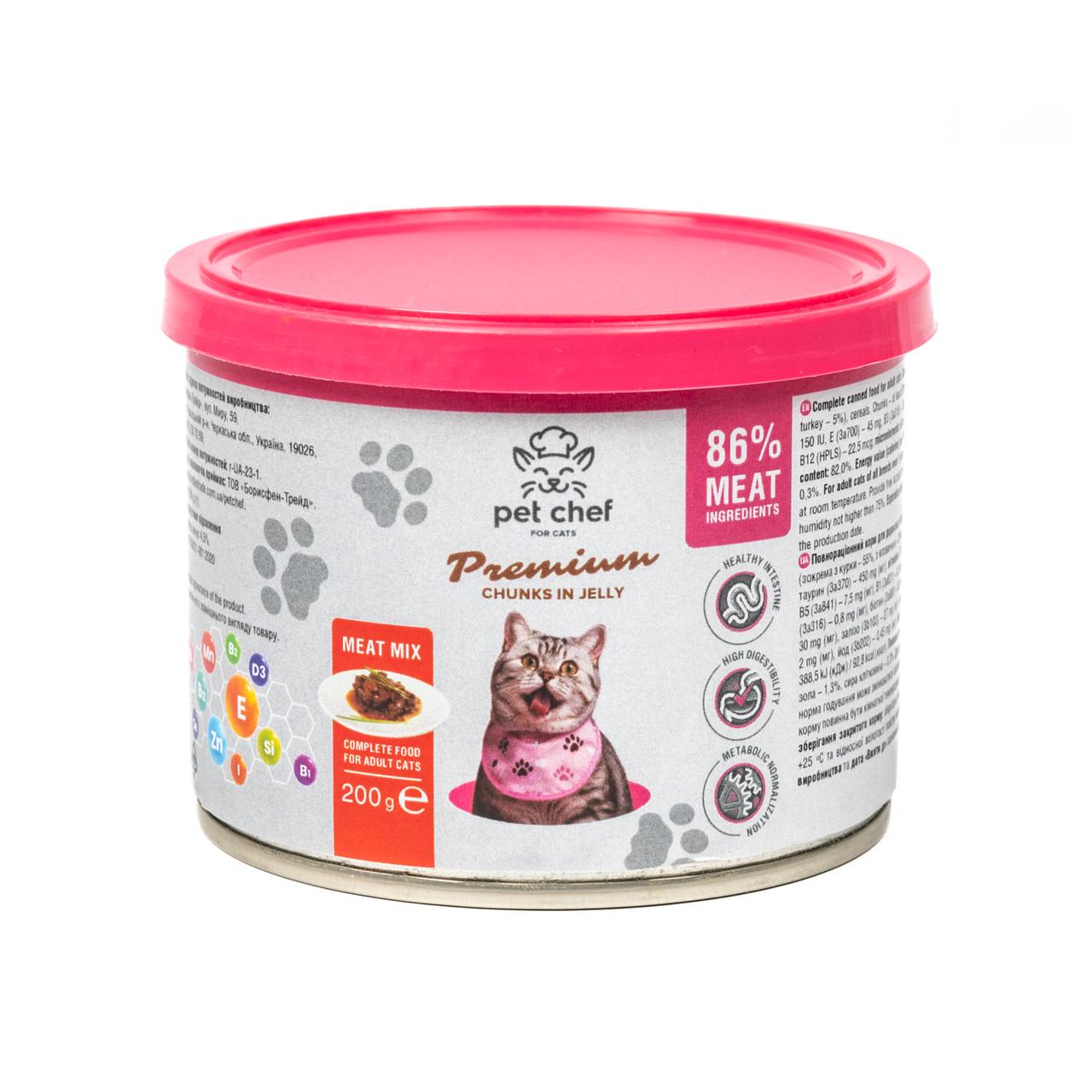 Корм вологий для дорослих котів Pet Chef шматочки в желе м’ясний мікс 200 г (94059) - фото 2