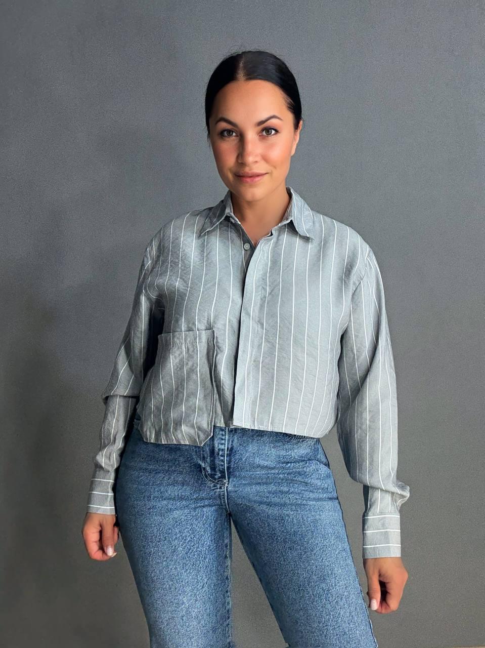 Рубашка женская MIX RAY 4447 укороченная с карманом в тонкую полоску M Серый (1401)