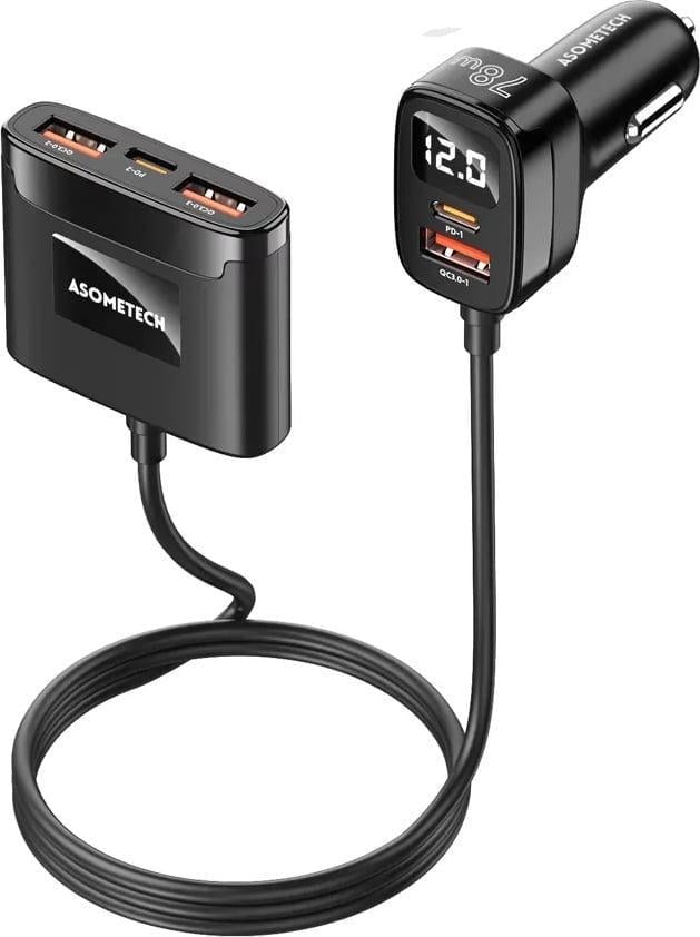 Зарядний пристрій автомобільний з USB Hub ASOMETECH EC-17 78W PD3.0 QC4.0 3USB/2Type-C LED Display Black (43688)