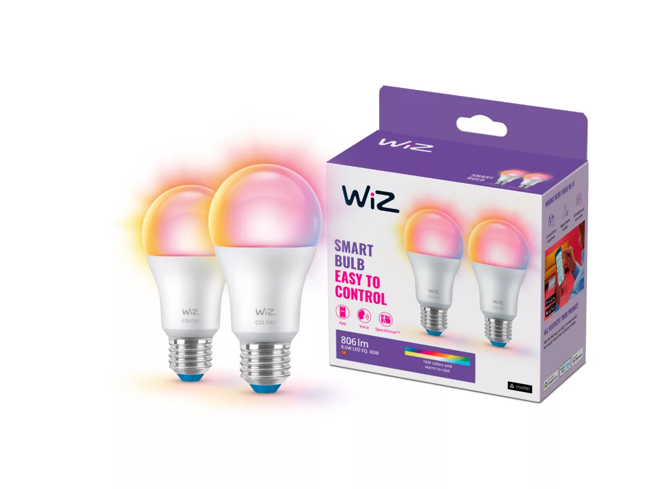 Умная LED-лампа WiZ Colors A60 E27 8,5W 60W RGB 2200-6500K Wi-Fi SpaceSense 2 шт. (2964842171)