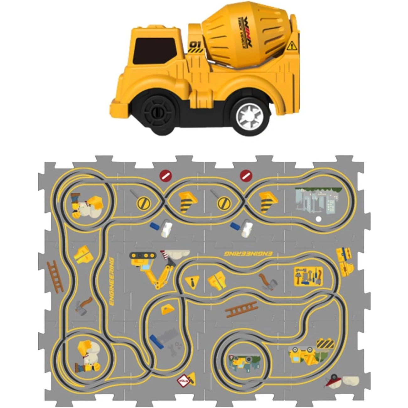 Детский электрический автотрек-пазл H32 с бетоновозом интерактивная гоночная трасса для малышей