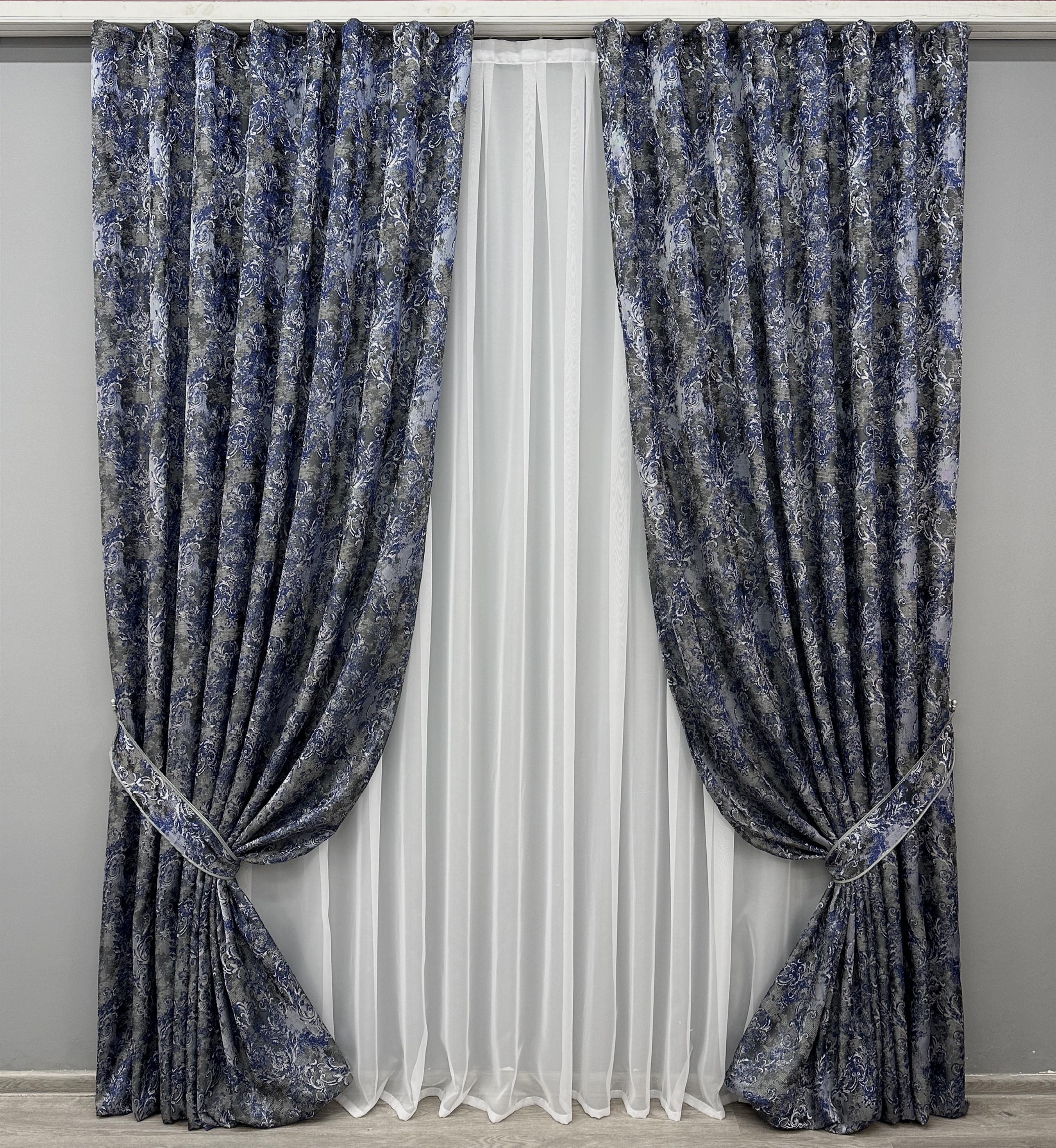 Комплект готовых штор VR-Textil Лен Премиум Турция №1835ш 150х295 см 2 шт. Серый с синим (33-0827) Комплект готовых штор VR-Textil Лен Премиум Турция №1835ш 150х295 см 2 шт. Серый с синим (33-0827)