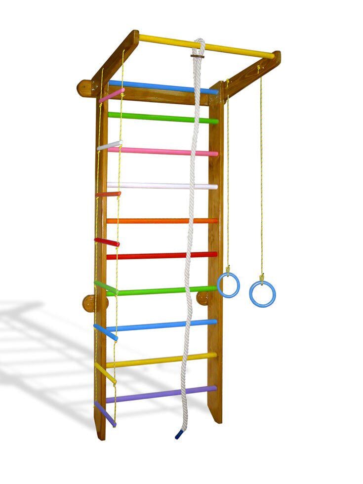 Уголок спортивный из сосны в тонировке Дуб с цветными перекладинами 225 см