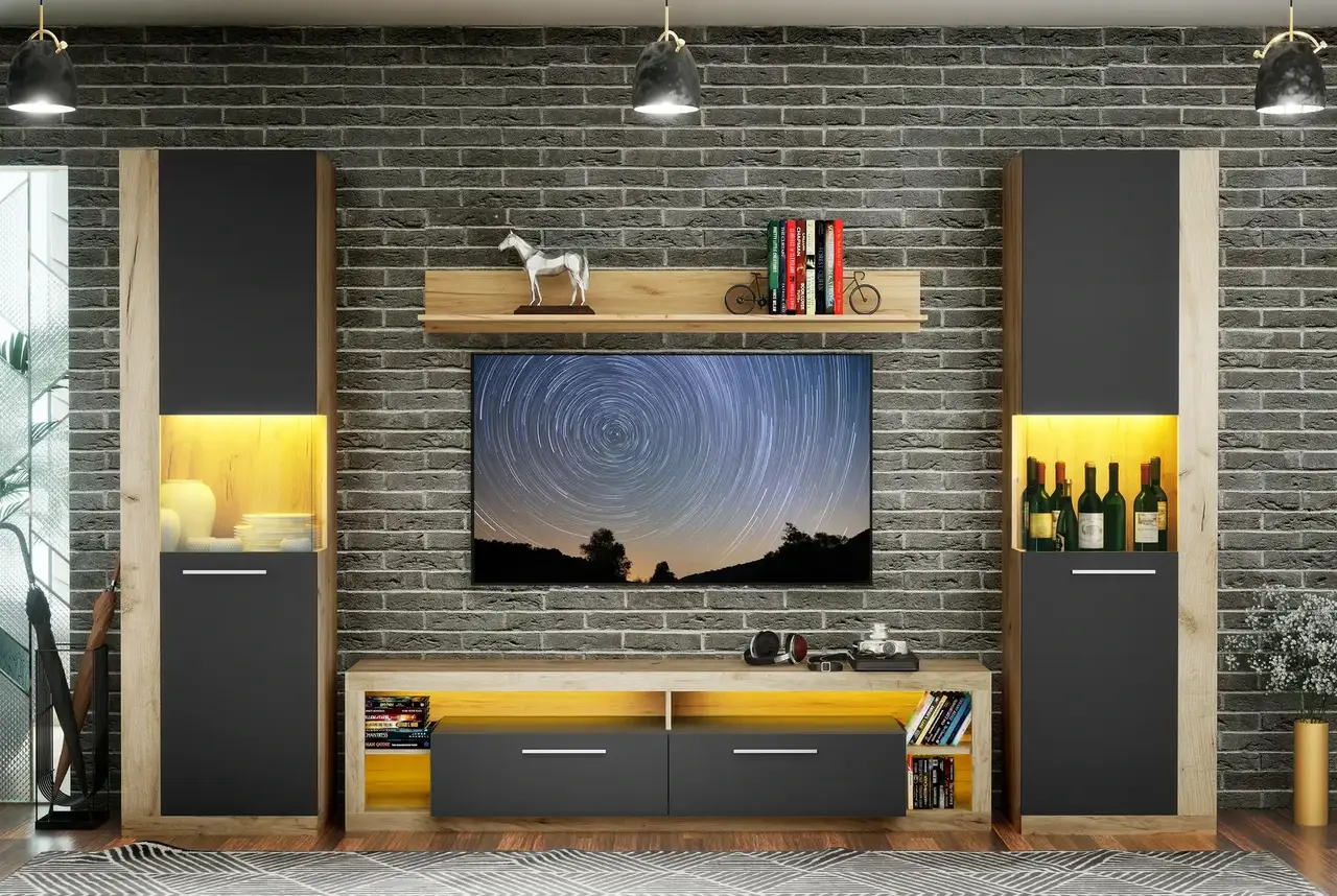 Гостиная комплект Artos Design Lumiko 1 из ЛДСП/стекло Дуб крафт золотой/Антрацит (49355)