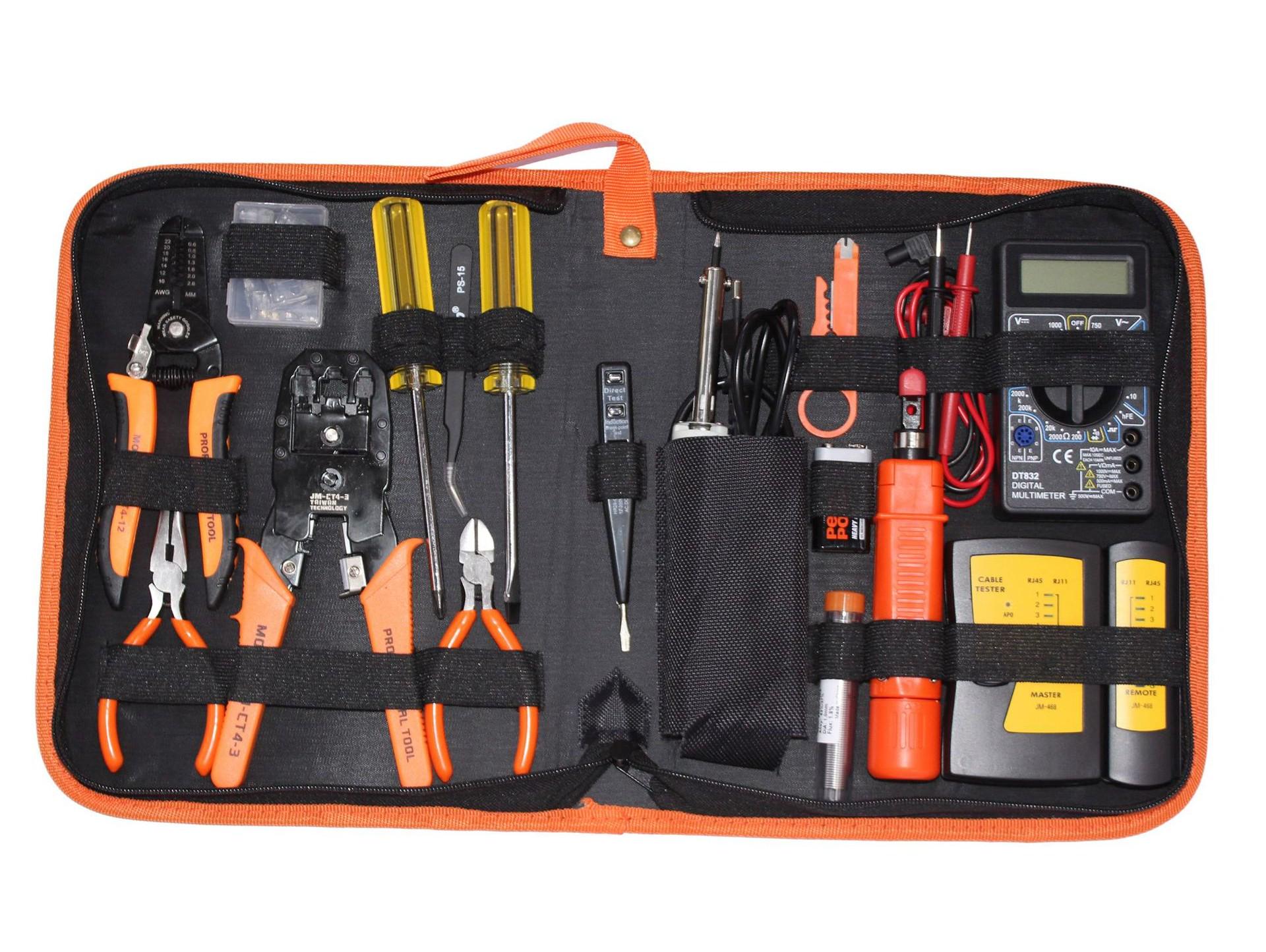 Набор монтажника POSO P15B обжимной инструмент Stripper кусачки индикатор паяльник пинцет коннекторы крона сумка мультиметр тестер