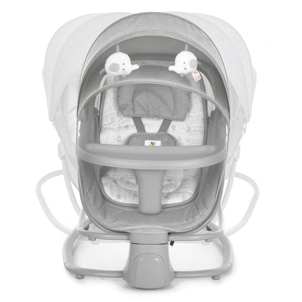 Укачивающий центр шезлонг Mastela 8085 с таймером столиком и москитной сеткой Светло-серый