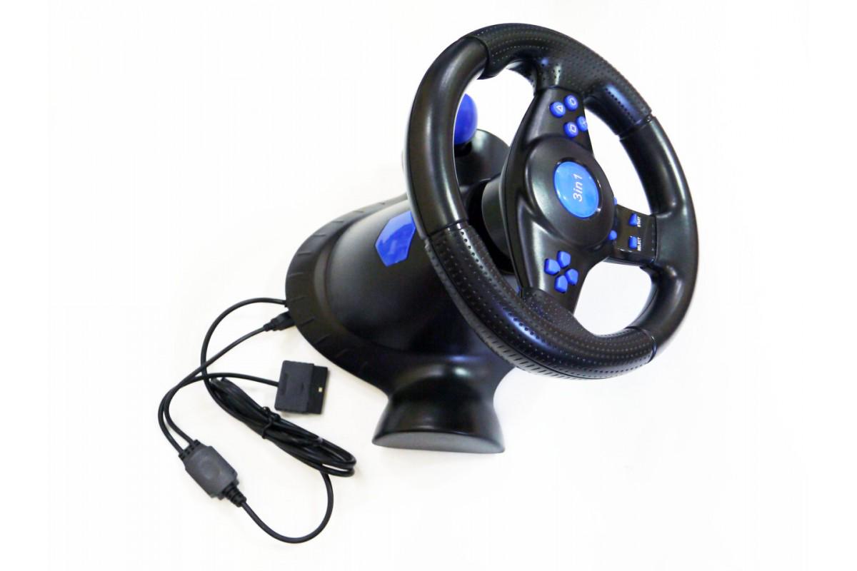 Руль игровой Vibration Steering Wheel c педалями газа и тормоза Черно-синий (00329) - фото 2