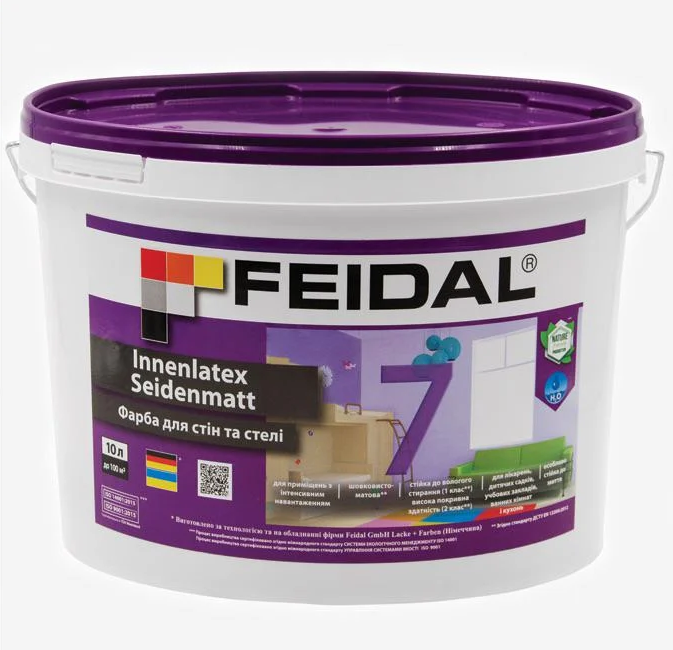 Краска интерьерная Feidal Innenlatex Seidenmatt 7 для стен и потолка шелковисто-матовая 10 л Белый - фото 1