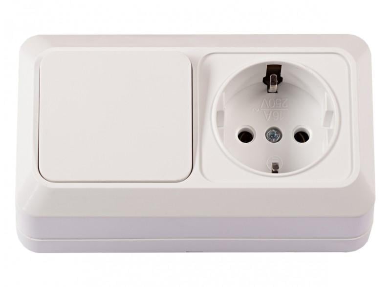 Розетка накладная Luxel OPERA и одноклавишный выключатель с заземлением Белый