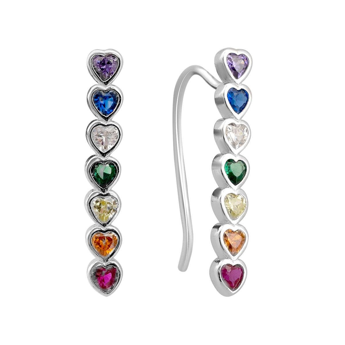 Серьги серебряные кафы с разноцветными фианитами в форме сердец