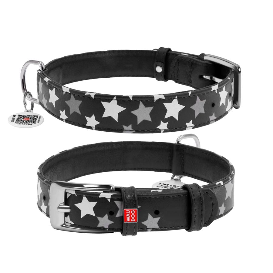 Ошейник для собак с QR-паспортом Waudog Glamour Звездочка кожаный светящийся/светоотражающий M 20 мм 30-39 см Black (35861) - фото 1 Ошейник для собак с QR-паспортом Waudog Glamour Звездочка кожаный светящийся/светоотражающий M 20 мм 30-39 см Black (35861) - фото 1