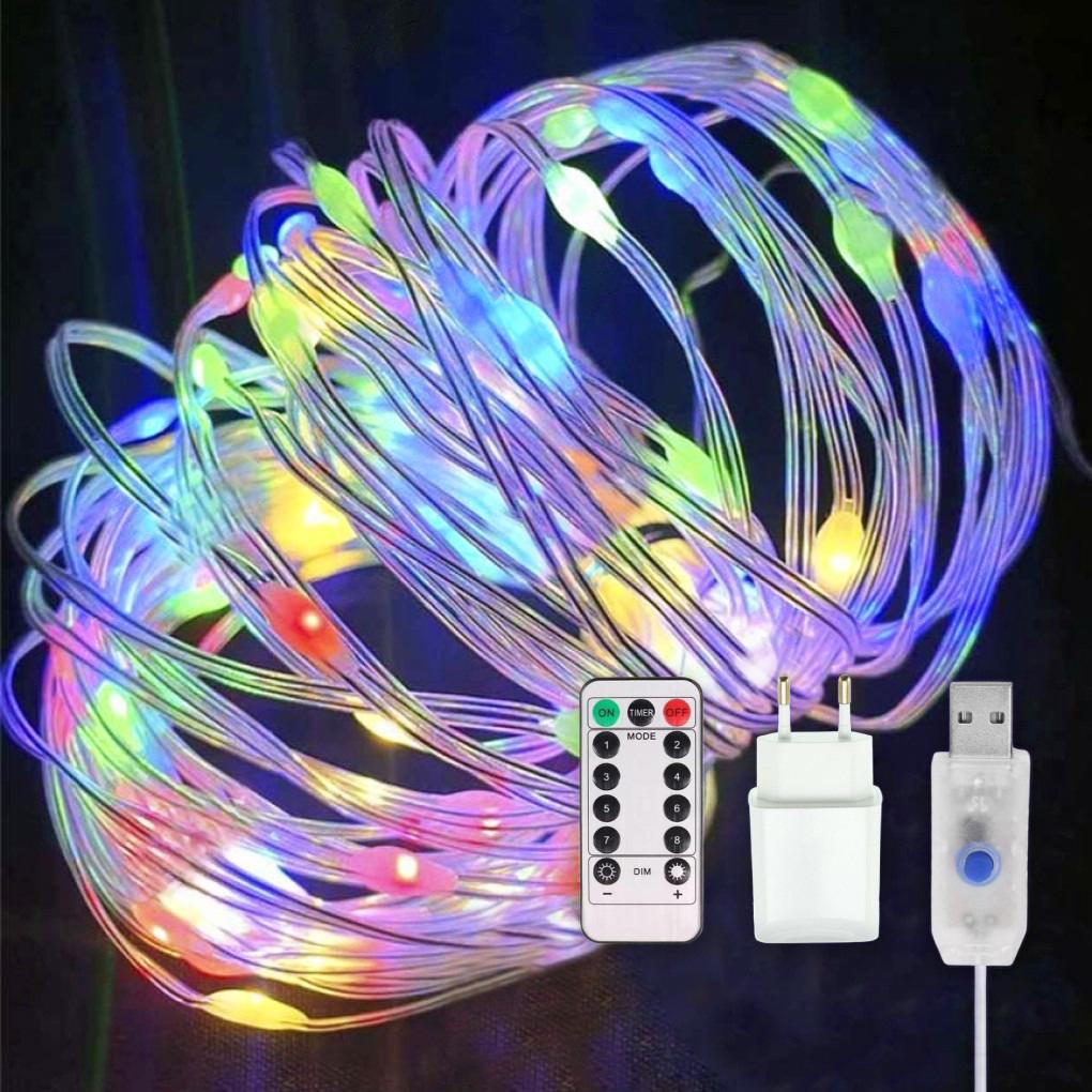 Гирлянда светодиодная нить Роса Люкс с пультом от USB и сети 220V 100 LED 8 режимов IP65 10 м Мультиколор