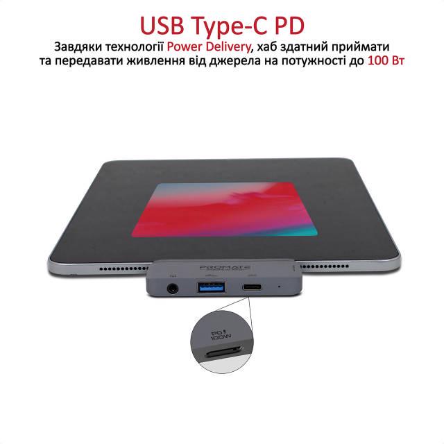 USB-C хаб 4в1 Promate PadHub-Pro USB-C PD/HDMI/USB 3,0/3,5 мм AUX Grey - фото 2