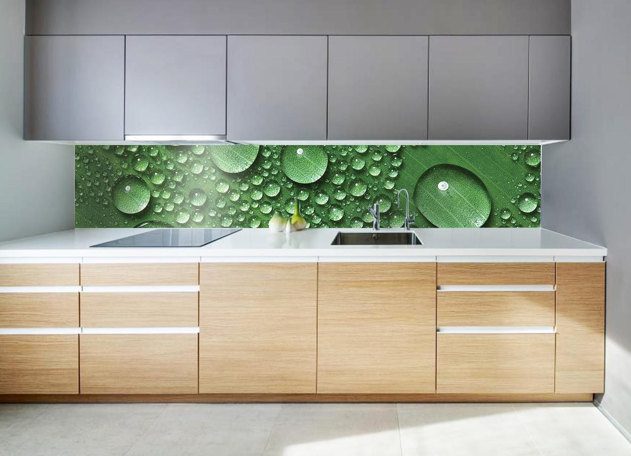 Кухонный фартук Капли крупная роса из самоклеющейся виниловой пленки 60х250 см Зеленый