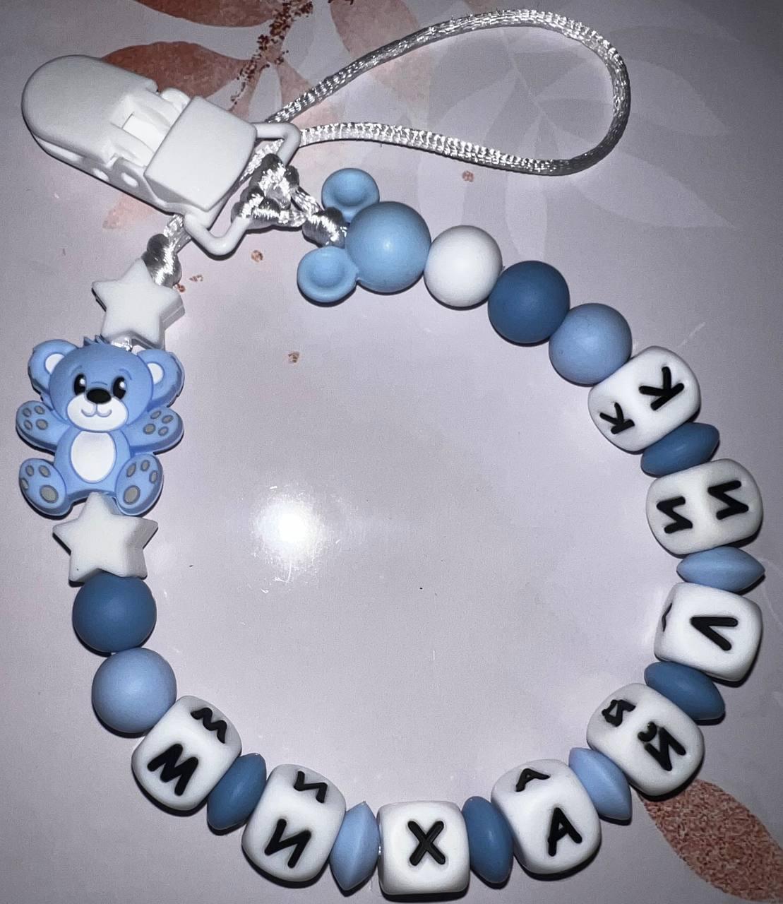 Тримач для пустушки іменний силіконовий з Міккі та ведмедиком 93 Блакитний (2432725345)