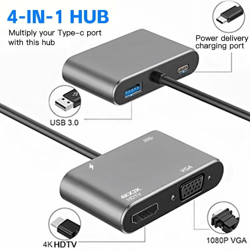 Концентратор Type-C 4в1, адаптер type-c 3.0 до 4K HDMI HDTV/VGA USB 3.0 PD - фото 6