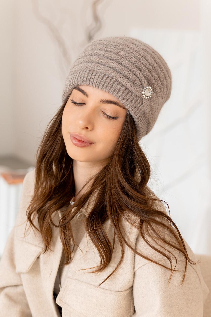 Шапка зимняя женская Валенсия из ангоры двойная с брошью Светло-коричневый (2767699831)
