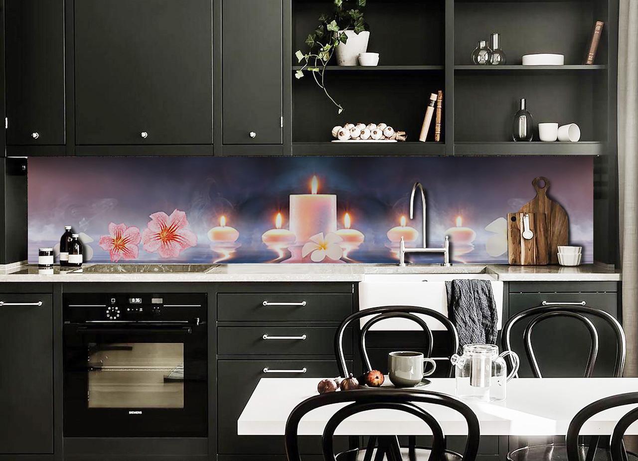 Кухонный фартук Свечи огни цветы из самоклеющейся виниловой пленки 60х300 см Синий