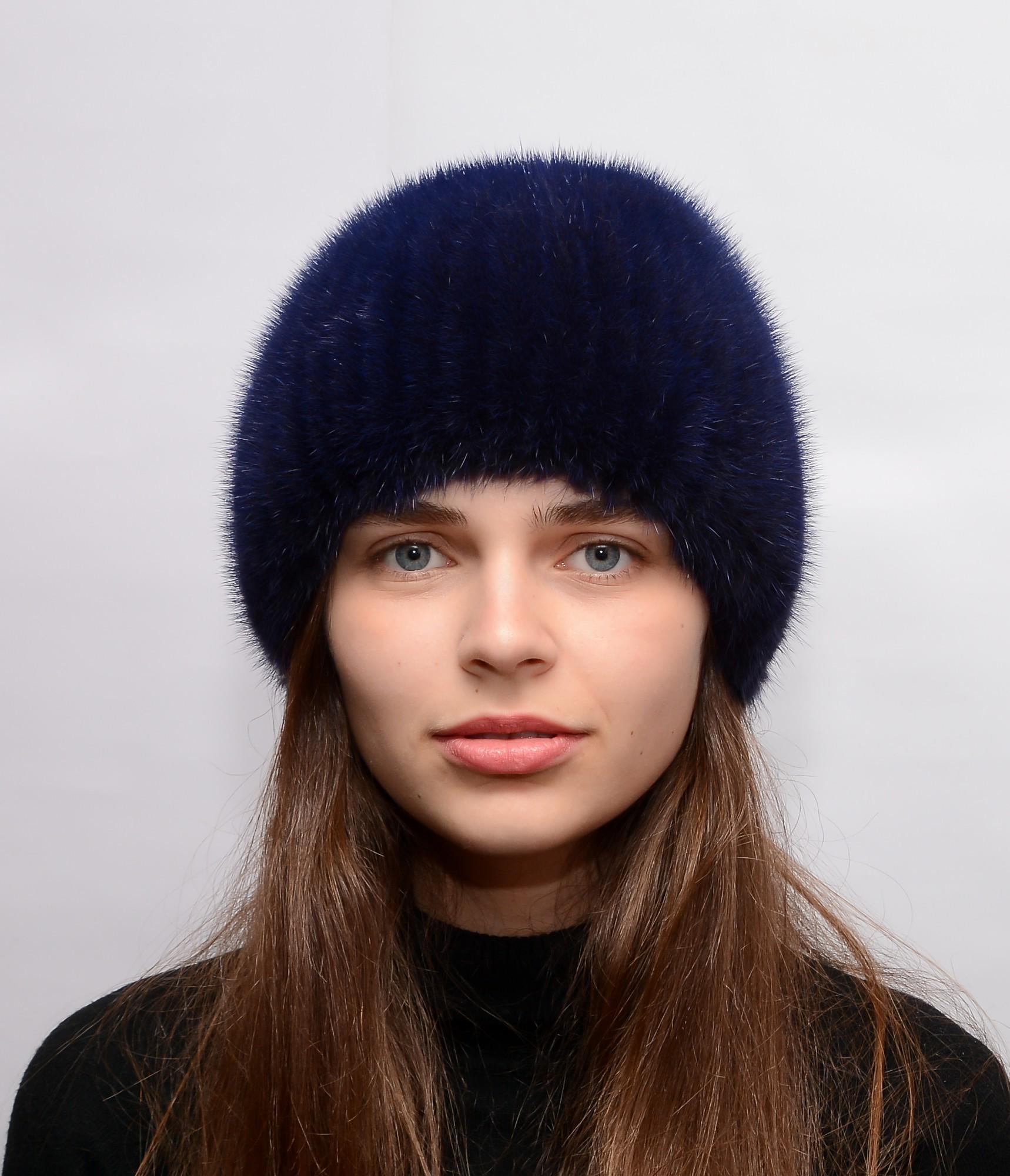 Женская норковая вязаная шапка Меховой стиль Коса натуральный мех XL-XXL Темно-синий (116/K)