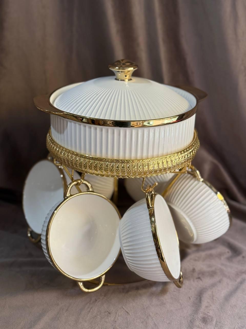 Сервиз суповый Yiwu ML151 из фарфора на металлической подставке 8 пр. 6 персон Белый с золотым (30059655)