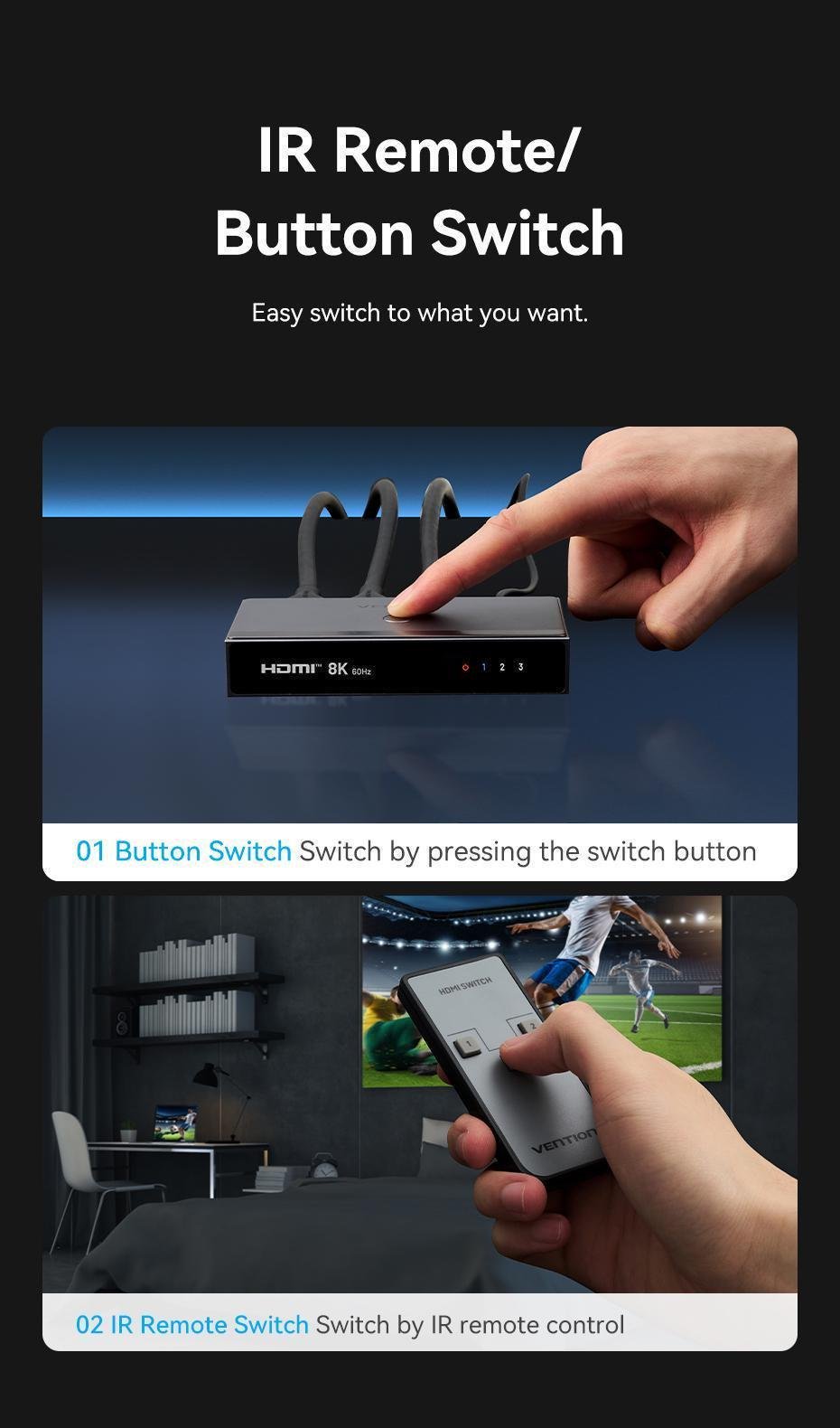 Комутатор Hdmi Vention алюмінієвий 3 1 Сірий (AKRH0) - фото 5 Комутатор Hdmi Vention алюмінієвий 3 1 Сірий (AKRH0) - фото 5