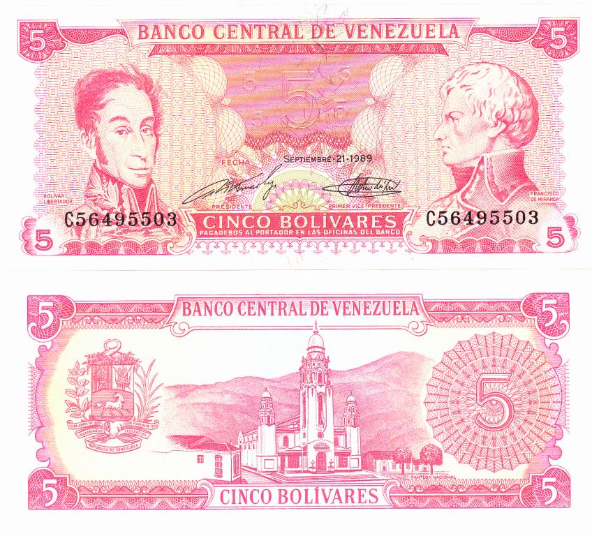 Коллекционная банкнота Венесуэла 5 боливар 1989 UNC P70 (Б03831)