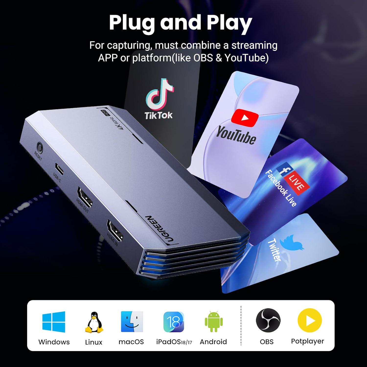 Карта відеозахоплення USB Ugreen 4K 60Hz 1080p Сірий (25173) - фото 3 Карта відеозахоплення USB Ugreen 4K 60Hz 1080p Сірий (25173) - фото 3