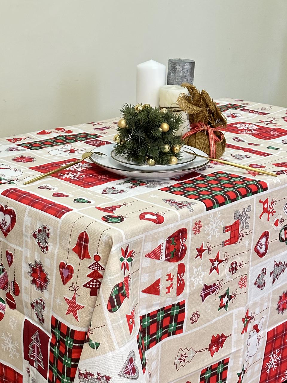 Скатертина Ecotton Рогожка Новорiчний печворк натуральна 150x240 см