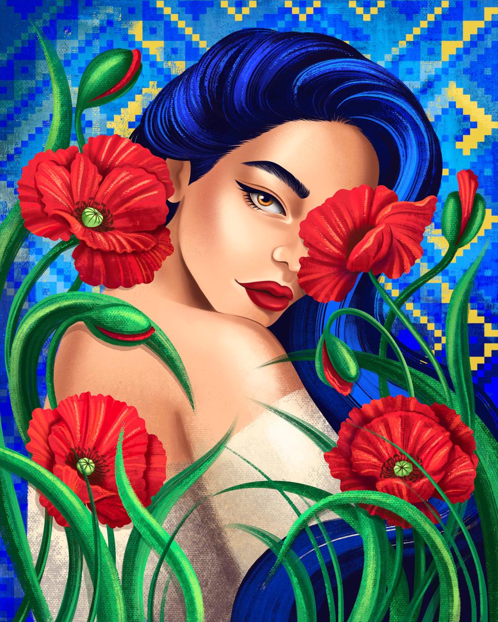 Алмазна мозаїка патріотична Santi Українка з маками на підрамнику 40х50 см (954387)