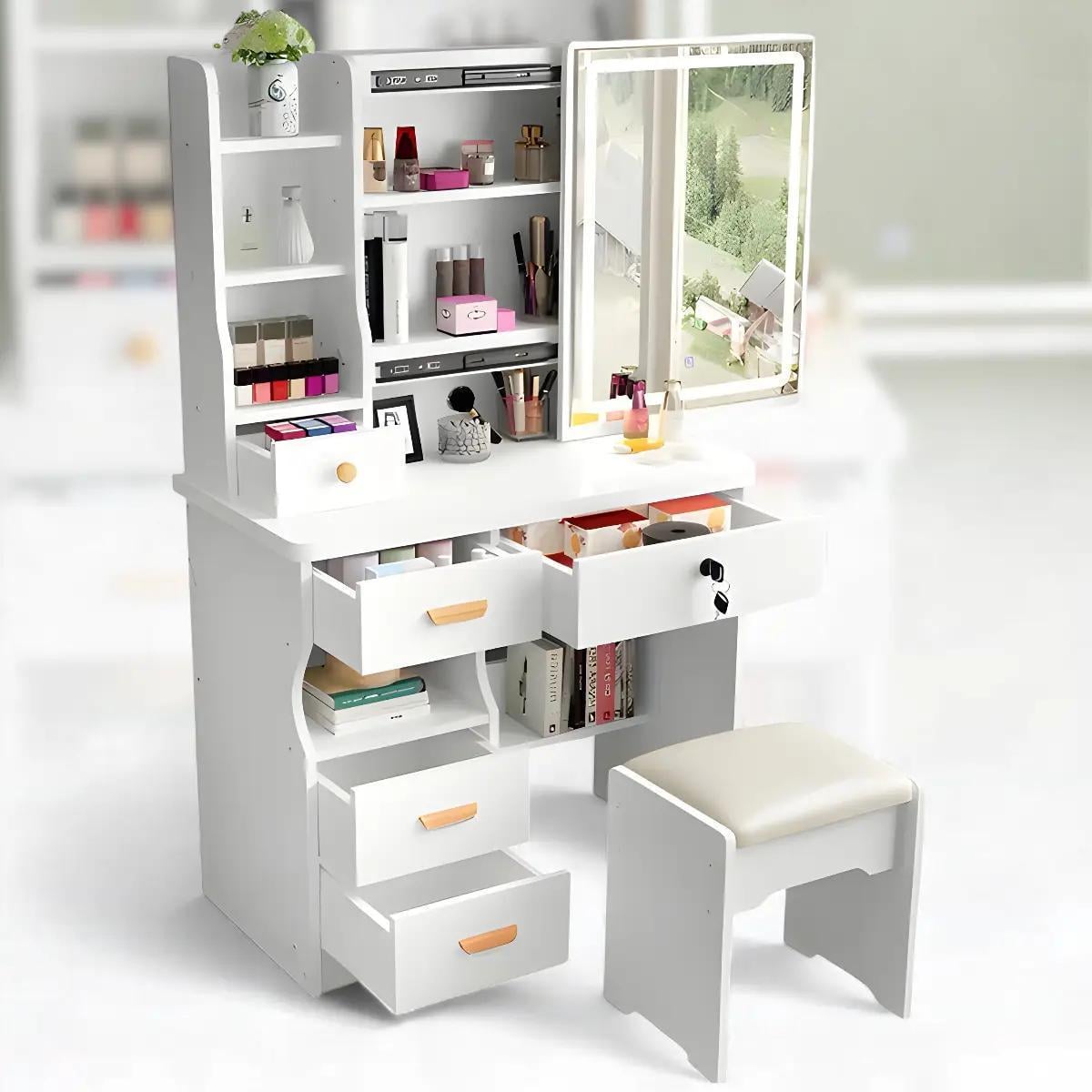 Столик туалетный STL-MD 87 с LED-зеркалом и пуфом 128х80х35 см Белый (2847394695)