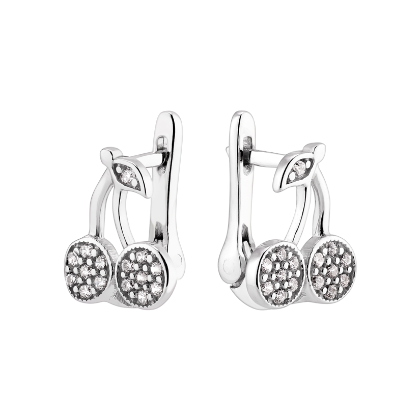 Серьги серебряные детские в виде вишенок с белыми фианитами
