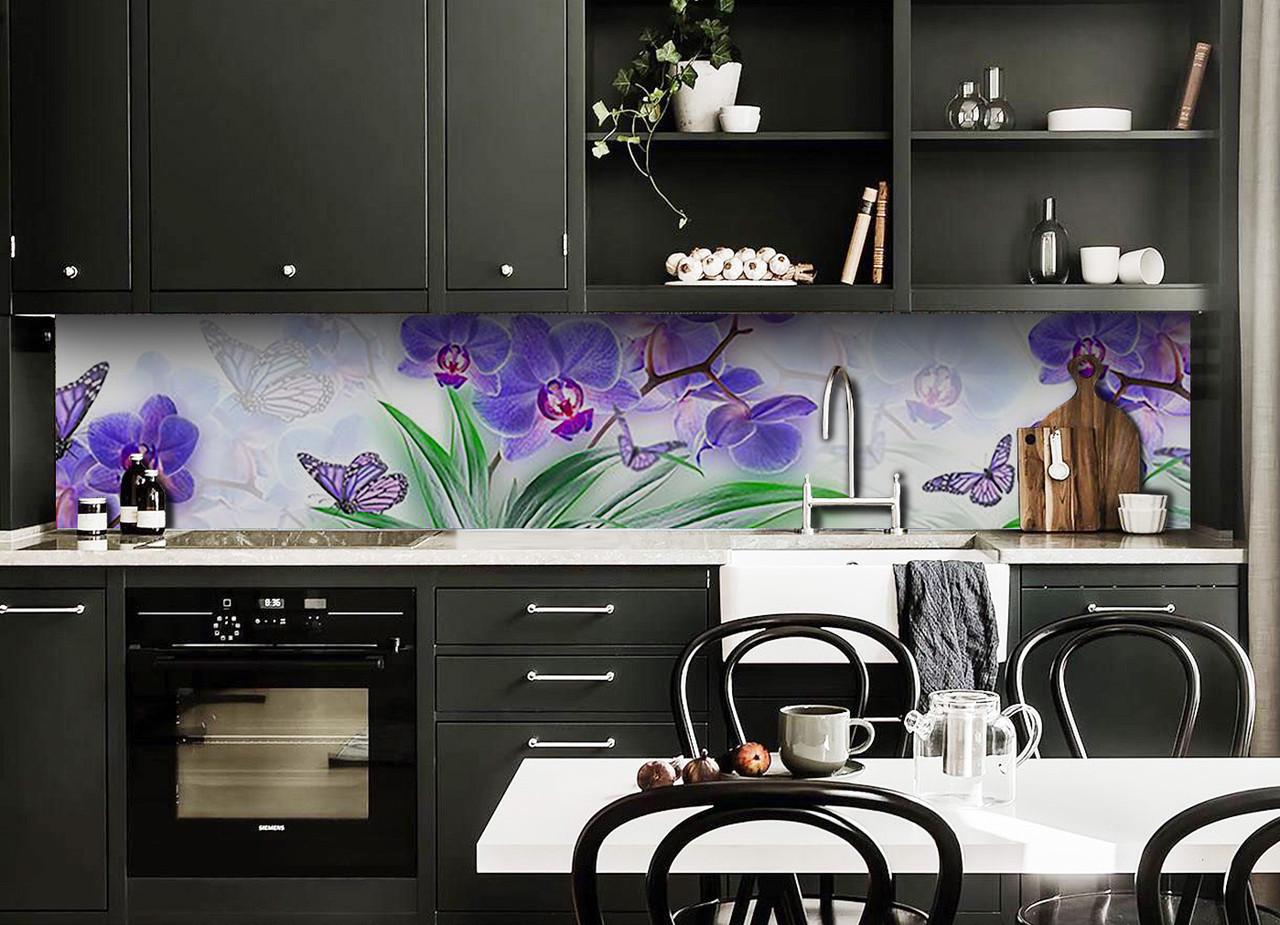 Кухонный фартук Синие орхидеи и бабочки из самоклеющейся виниловой пленки 60х300 см Голубой