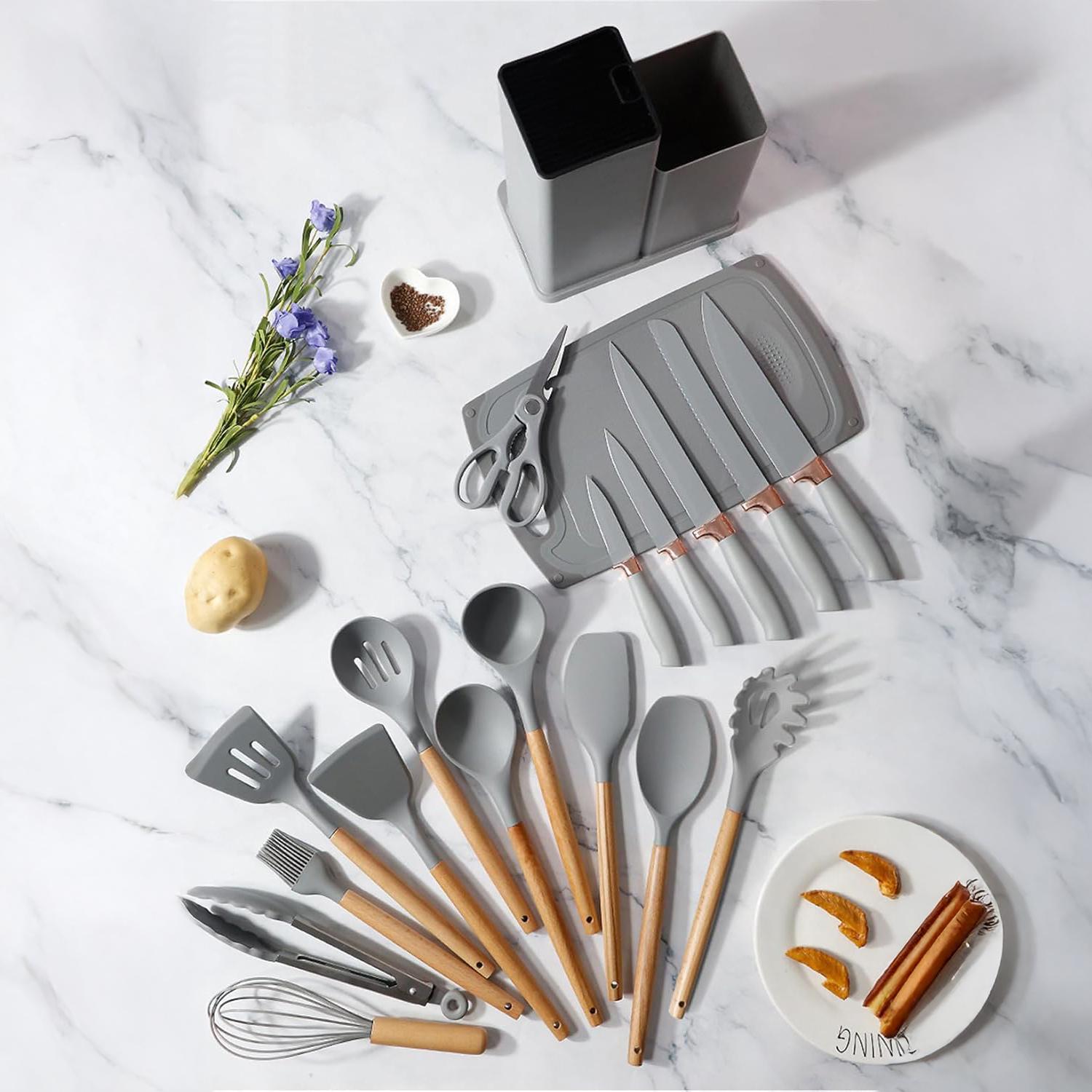 Набір кухонного приладдя на 19 предметів: силіконові прибори/набір ножів на підставці/дошка для нарізання Grey (2a8277cb) - фото 2 Набір кухонного приладдя на 19 предметів: силіконові прибори/набір ножів на підставці/дошка для нарізання Grey (2a8277cb) - фото 2