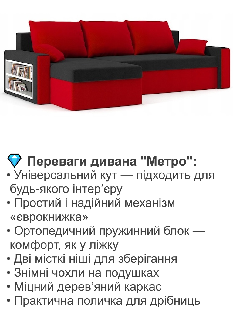 Диван кутовий Метро 235х140 см Чорний/Червоний (28118796) - фото 3 Диван кутовий Метро 235х140 см Чорний/Червоний (28118796) - фото 3