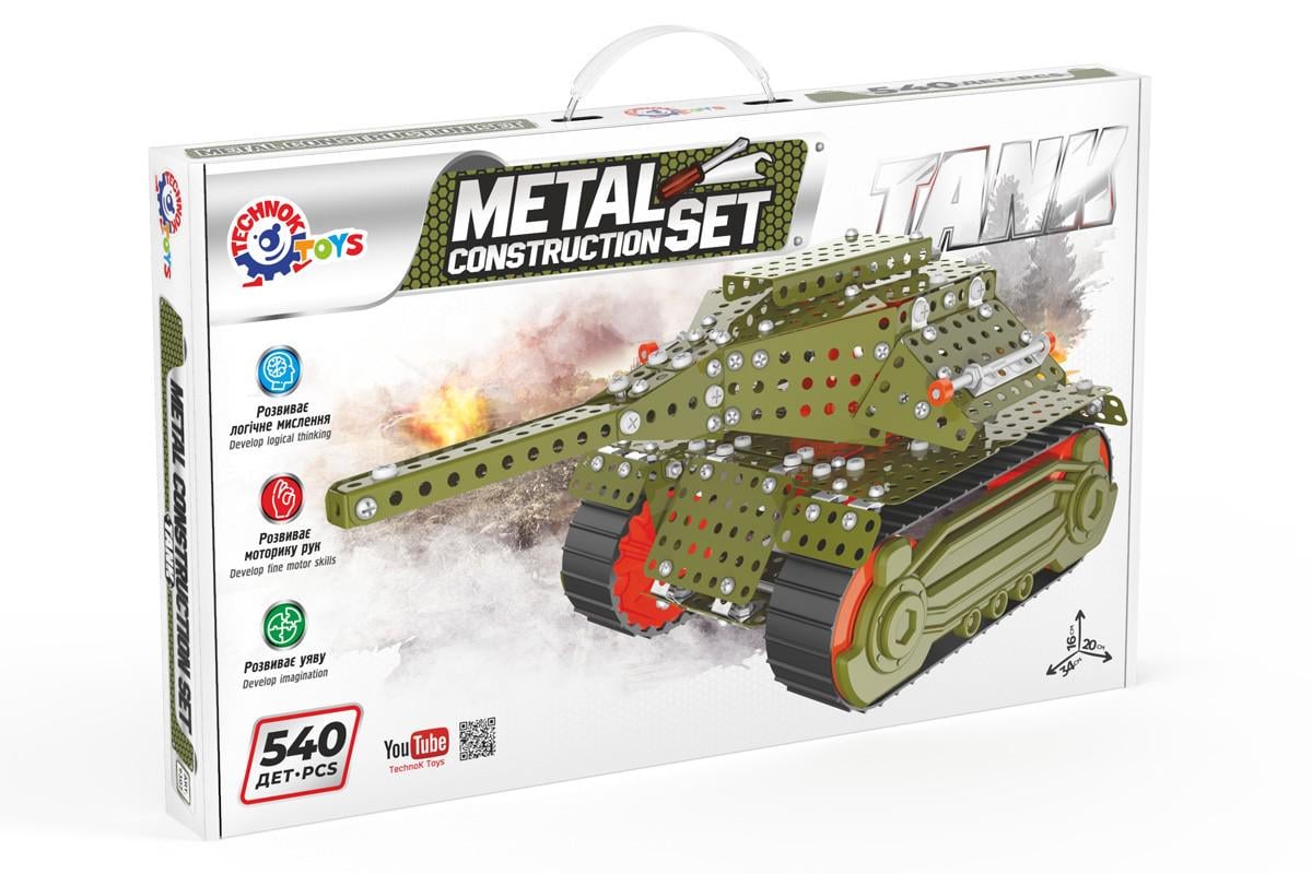 Конструктор ТехноК Танк из металла на 540 деталей Зеленый (150-98-TH9307)