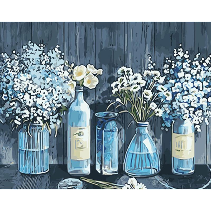 Картина за номерами Strateg Преміум Вази з квітами з лаком та рівнем 40x50 см (GS1404)