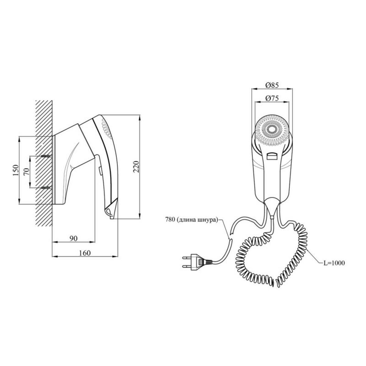 Фен настенный Kroner KRM UlM-ACP0901 1100W (TK-CV022833) - фото 2 Фен настенный Kroner KRM UlM-ACP0901 1100W (TK-CV022833) - фото 2