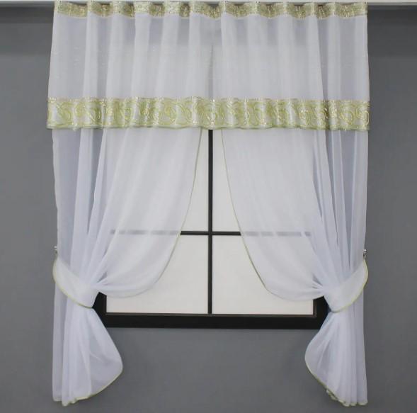 Шторки кухонные с ламбрекеном 280х170 см Белый/Зеленый (084к)