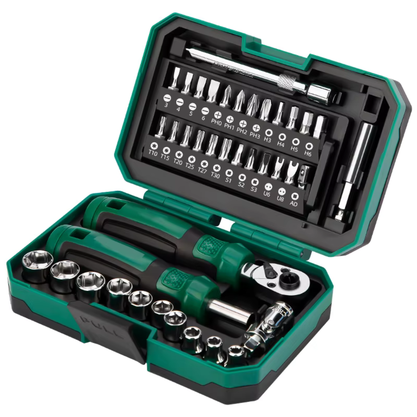 Набір ручних інструментів тріскачка викрутка з перехідниками набір біт та набір торцевих головок в протиударному кейсі 40 предметів