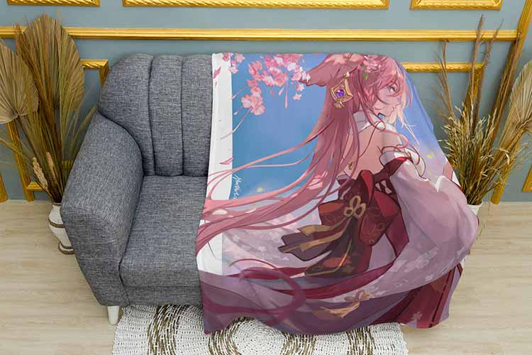 Плед Yae Miko with sakura Genshin Impact плюш однослойный 150х210 см (113723-1)