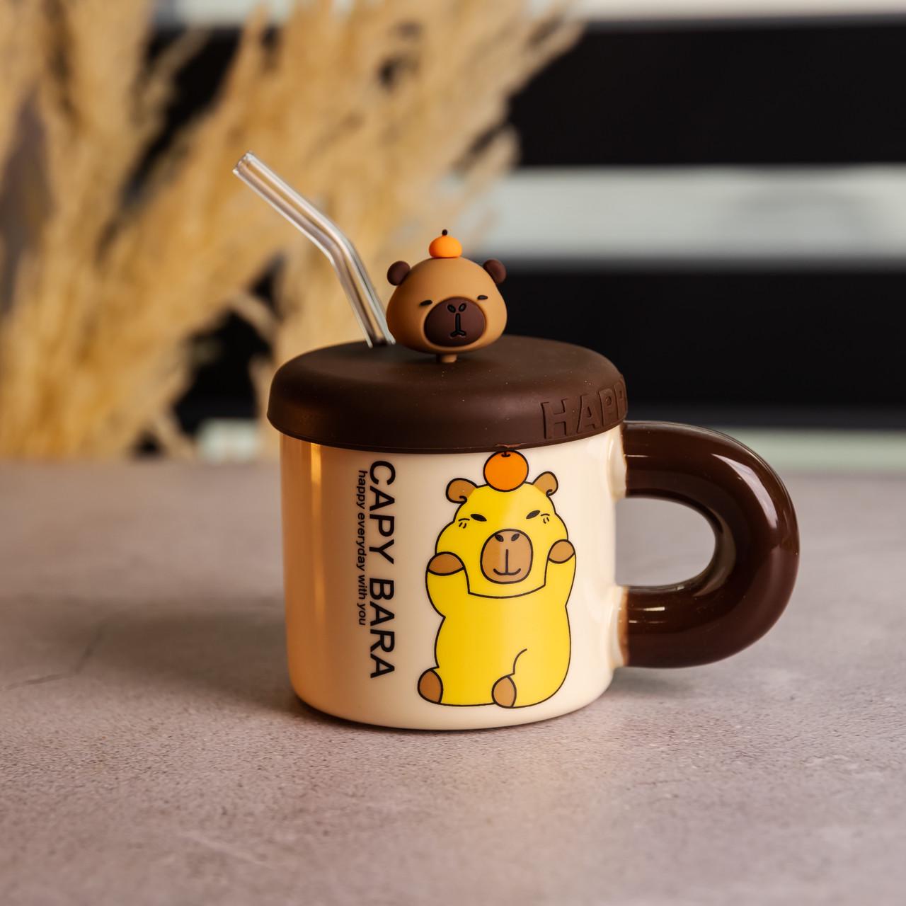 Чашка фарфоровая Капибара с апельсином с крышкой и трубочкой 400 мл (FM-27C)