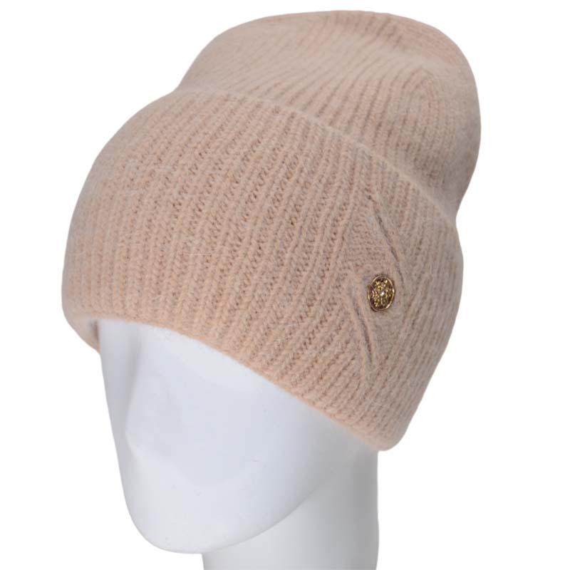 Шапка женская Novita Квадро из ангоры на флисовой подкладке с отворотом One size Лен (120369) - фото 1