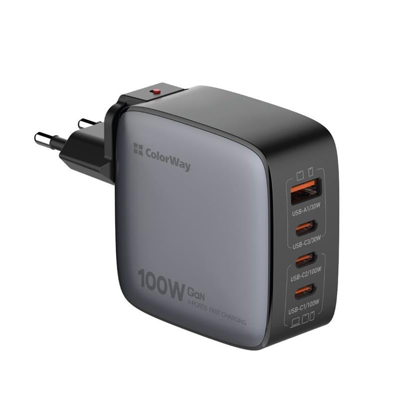 Зарядное устройство сетевое ColorWay Power Delivery GaN USB-A/3xUSB-C 100 Вт Black (CW-CHS047PD-BK)