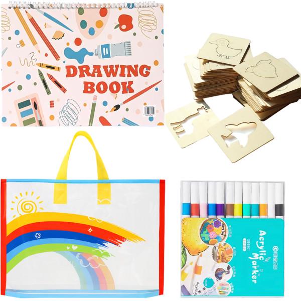 Набор трафаретов из дерева 60 шт./альбом для рисования/фломастерами 12 шт. и сумка органайзер для хранения (29162035)